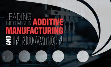 The words "leading the charge in additive manufacturing and innovation" on top of an abstract technology background.