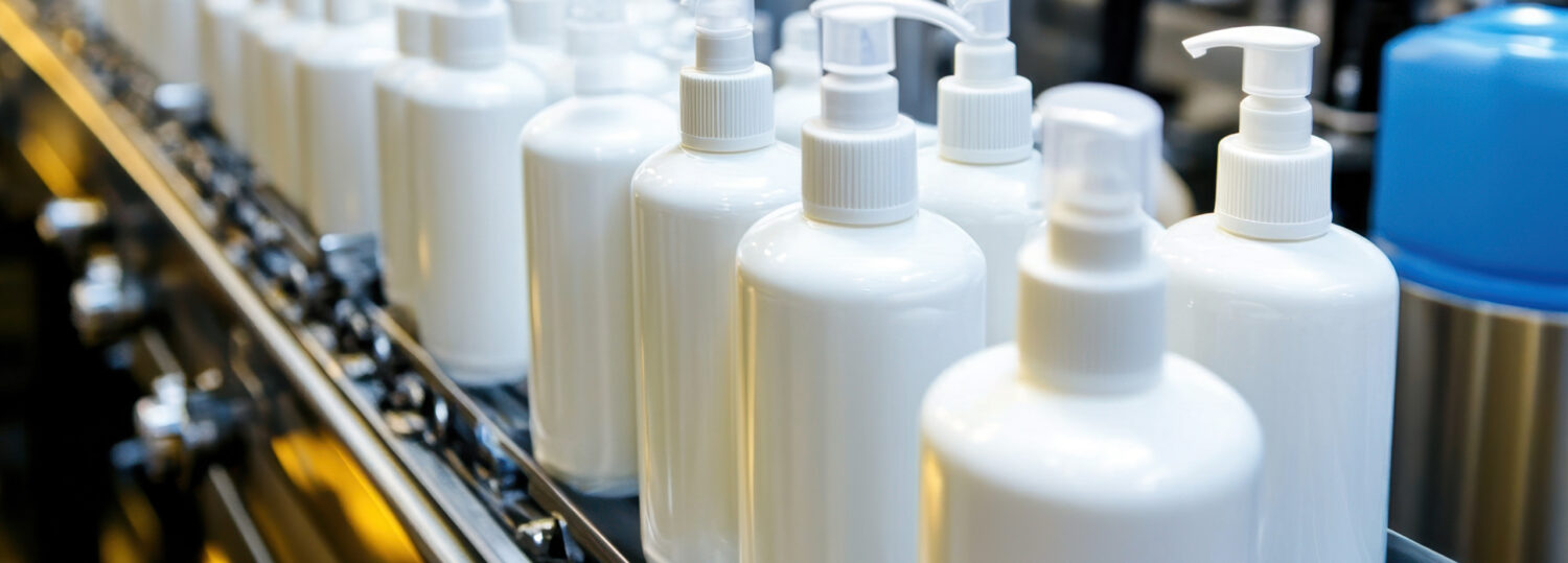 a long line of plastic bottles coming down dan advanced manufacturing serial production line.