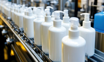 a long line of plastic bottles coming down dan advanced manufacturing serial production line.
