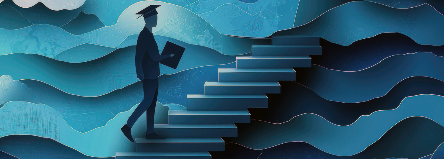 A college grad walking up a flight of stairs that is amongst the clouds